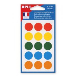 APLI 100088 - Etui de 90 pastilles adh&eacute;sives col. assortis, diam. 19 mm (6 feuilles / cdt)