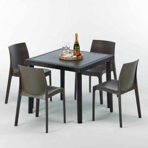 Grand Soleil Table carrée et 4 chaises Poly rotin resine bar bistrot cafè exterieur 90x90 noir | Rome Marron Moka