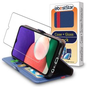 EbestStar Coque Compatible avec Samsung Galaxy A22 5G Etui Portefeuille Housse PU Cuir Porte-Cartes, Bleu Fonc&eacute;/Rouge + Verre Tremp&eacute; [A22 5G: 167.2 x 76.4 x 9 mm, 6.6'']