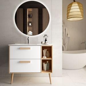 Image de Cosyneo - Meuble de salle de bain vasque déportée - 2 tiroirs - malia et miroir rond Led solen - 80cm