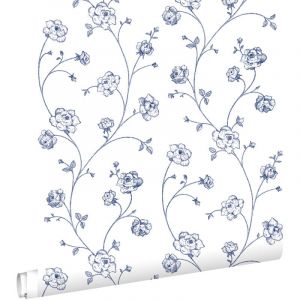 Estahome - papier peint roses en Toile de Jouy blanc et bleu