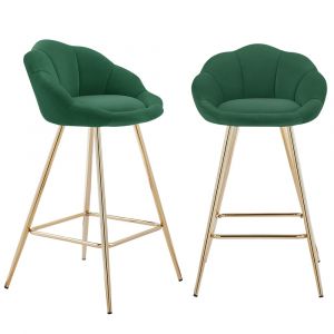 Lot de 2 tabourets de bar en velours vert sapin piètement doré