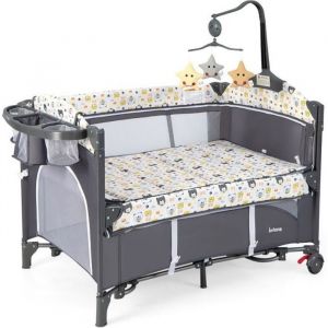 5 en 1 Lit Parapluie Bébé avec Matelas et Table à Langer, Lit Bébé Evolutif avec 4 Hauteur Réglables, Musique et Jouets Suspendus, Agitation