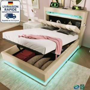 MODFU - Lit coffre enfant 90×200cm, LED, tête de lit avec rangement, ports USB et Type-C, sommier tapissier, sans matelas, lin, beige