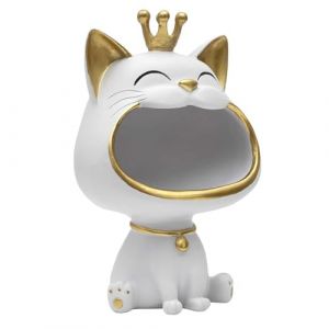 HOME DECO FACTORY, HD0157, Statue de Chat Blanc Vide Poche, Objet déco élégant et Pratique, Finition Moderne, idéal pour Organiser Vos Petits Objets, Taille Unique, Couleur Blanche et dorée