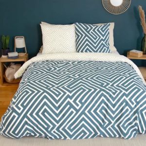 Cot&eacute; D&eacute;co Parure de lit Adulte 100% Coton - Housse de Couette 220x240 cm + 2 Taies d'oreiller 63x63 cm Motif g&eacute;om&eacute;trique Bleu Blanc et Beige