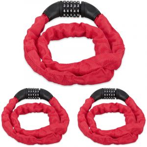 Relaxdays Antivol vélo en lot de 3, Cadenas à code, Chaine anti-vol pour vélo, moto ou poussette, 5 chiffres, acier, 120 cm, rouge