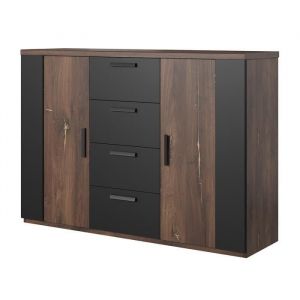 Commode design 2 portes et 4 tiroirs 130cm. Collection FOX coloris chêne foncé et noir. - Marron - Bois