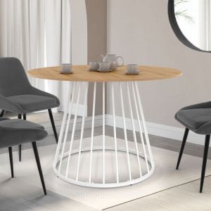 Idmarket Table à manger ronde yuna 6 personnes plateau bois et pied filaire en métal blanc 110 cm