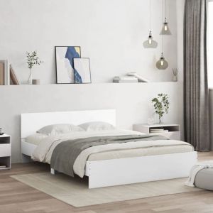 VidaXL Cadre de Lit avec Tête de Lit et LED, Sommier à Lattes, Lit Double, Lit Adulte de Chambre à Coucher Intérieur, Moderne, Blanc 150x200 cm