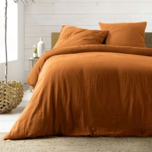 Douceur D'intérieur - Parure de Lit en Gaze de Coton 240 x 220 cm - Marron Claire Naturel.