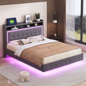 Lit 140x190 - Lin gris - T&ecirc;te de lit avec USB et LED- Cadre de Lit avec Sommier &agrave; Lattes en Bois - lit adulte