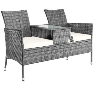 Banc de jardin gris 143x64x87cm en polyrotin avec table