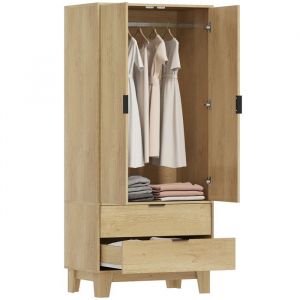 Homcom Armoire &agrave; v&ecirc;tements - 2 portes &agrave; fermeture douce, 2 tiroirs - panneau de particules - 80x50x180cm - bois naturel