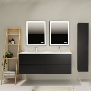 Meuble salle de bain 140 cm - Double vasque Solid surface - Noir mat - A suspendre - Karaib 2