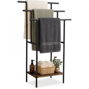 Relaxdays Porte-Serviettes sur Pied, 3 Barres/&eacute;tag&egrave;re, 100 x 68 x 30 cm, Style Industriel, Brun/Noir