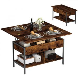 Homcom Table basse relevable - plateau pliant, compartiment et étagères - panneau de particule - 98x49x55cm - brun rustique