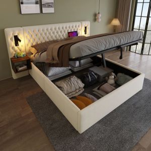 Image de Ensemble de lit complet, lit rembourr&eacute; 180 x 200 cm, avec 2 tables de chevet, beige, velours (matelas non inclus)