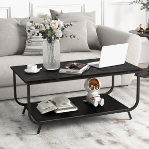 Giantex Table Basse Moderne en Faux Marbre Noir à 2 Niveaux avec Étagère et 4 Pieds, Table Basse Salon Cadre en Fer pour Bureau Salle, 105x55x46,5cm, Noir