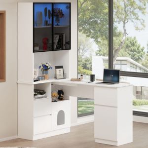 Bureau d'angle 120x80x180 cm - 4 portes et 3 tiroirs - Vitrine avec LED - Espace de repos pour animaux - Blanc