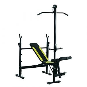 Homcom Banc de Musculation Fitness Entrainement Complet Dossier r&eacute;glable Cordes Traction Curler Supports Barre et halt&egrave;res Noir et Jaune