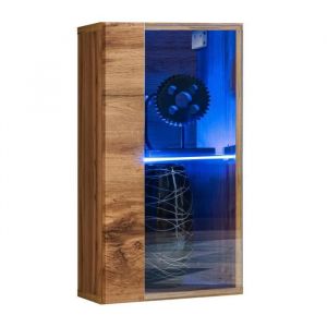 Vitrine suspendue petit modèle coloris chêne pour salon collection switch. 1 porte vitrée avec éclairage led inclus. - Marron - Bois