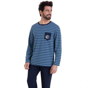 Athena Pyjama long col rond Rayures Waves bleu en coton