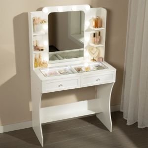 Coiffeuse Woltu avec Plateau en verre tremp&eacute;, Table de maquillage avec Poign&eacute;e, &Eacute;clairage r&eacute;glable, Rangement compartiment&eacute;, 80x38x135cm, Blanc