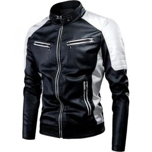 Blouson Moto En Cuir Pu Vintage Pour Hommes - Noir - Géométrique - Régulier