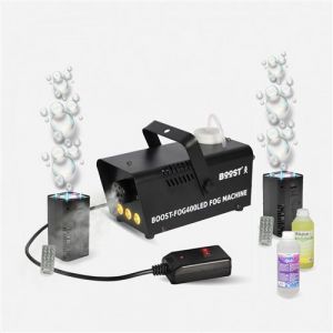 Boost Pack Lumière Machine fumée LED 400W -FOG400LED-BK- 2 Machines à Bulles LED BUBBLE-DREAM - Liquides inclus - Ambiance Soirée DJ