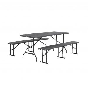 Set de table et bancs de réception. 180cm. pliables. avec poignée de transport. plastique gris foncé. table de camping