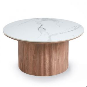 Menzzo Table basse moderne ronde 80cm Eglantine Bois et Céramique Effet marbre Blanc