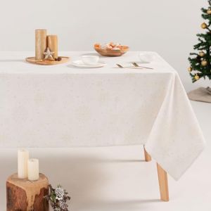 Nappe de No&euml;l en coton jacquard blanc et or 140x300 cm