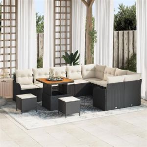 Ensemble de canap&eacute;s de jardin 12 pi&egrave;ces avec coussins en rotin poly noir-acacia, Canap&eacute; de jardin deux places avec rangement 3364250