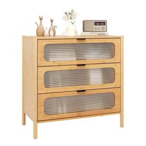 Costway Commode À 3 Tiroirs Avec Front En Verre Trempé Rayé, Bambou Pour Salon, Chambre, Bureau, Naturel, 80 X 40 X 78,5 Cm