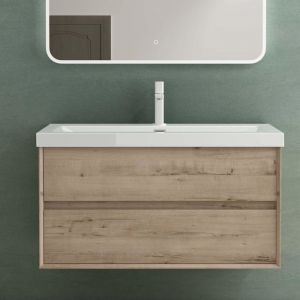 Mai&mai - Meuble de Salle de Bain Chêne Blanc Clair avec Lavabo Meuble sous Vasque 100x48x55cm Meuble Suspendu avec 2 Tiroirs Rimo