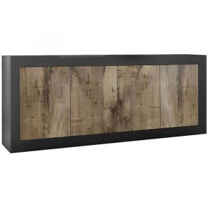 Altobuy - otello - Buffet 4 Portes Finition Noir Mat et Aspect Bois Antik