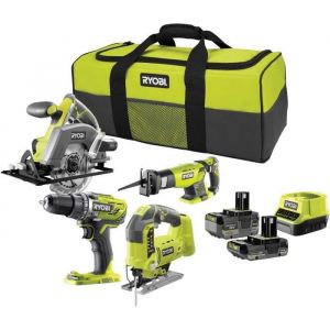 Ryobi 4 outils : 1 perceuse-visseuse + scies (sauteuse, circulaire et sabre) + 2 batteries 4 Ah et 2 Ah + 1 chargeur et sac de transport