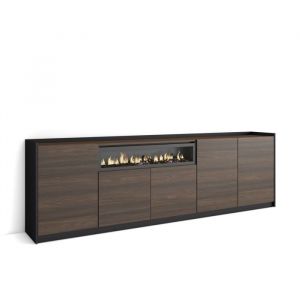 Buffet effet bois de ch&ecirc;ne fonc&eacute; noir 260x37x80cm chemin&eacute;e effet feu