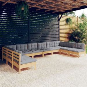 VidaXL Salon de jardin 10 pcs avec coussins gris bois de pin solide