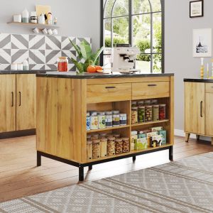 Ilot central de cuisine - 2 tiroirs et 4 &eacute;tag&egrave;res ouvertes - Plan de travail en imitation marbre noir - Naturel