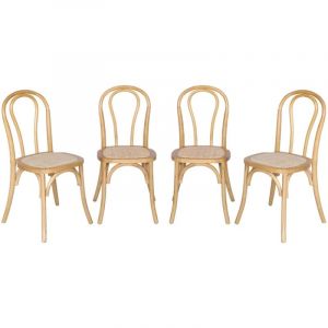 Lot de 4 chaises vintage en bois avec assise en rotin, naturel