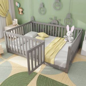 Image de Lit enfant - JAERLIUB - 140x200 cm - Gris - Cadre avec barrière - Design contemporain