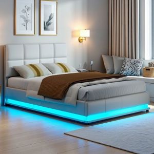 Lit Double 140x190 - Sommier Hydraulique - Rangement Int&eacute;gr&eacute; - LED 16 Couleurs - Cuir PU Blanc