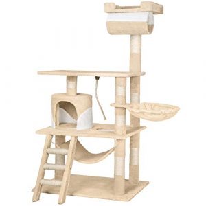 Image de TecTake Arbre à Chat 141 cm STOKELEY Griffoir avec Corde de jeu + Hamac Blanc / Beige