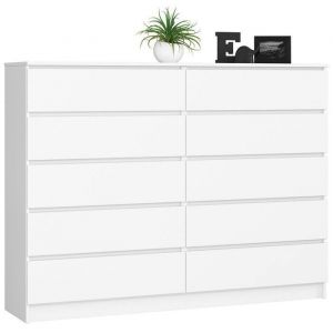 Grande Commode pour le salon Akord K160 Blanche 160 cm 10 tiroirs façade Blanche 160x40x121 cm
