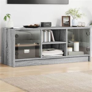 VidaXL Meuble TV avec Portes en Verre, Armoire de Télévision avec Rangement, Meuble Télé Salon Salle de Séjour Intérieur, Moderne, Sonoma Gris