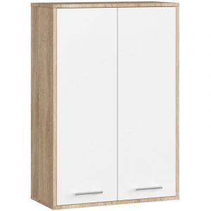 Akord - Armoire salle de bains suspendue fin Chêne Sonoma 64 cm 2 portes pleine Blanche 4 étagères 64x30x94 cm