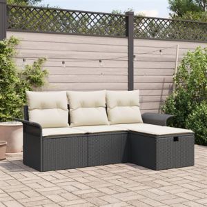 Ensemble de Canap&eacute;s de Jardin 4 Pi&egrave;ces avec Coussins en Rattan Poly Noir, Canap&eacute; de Jardin 2 Places avec Rangement et Coussins