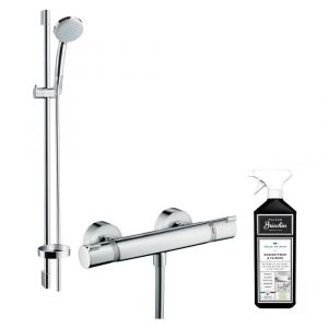 Hansgrohe Mitigeur douche thermostatique Ecostat Comfort + pack pommeau de douche Crometta 100 + barre de douche 90 cm + nettoyant Briochin